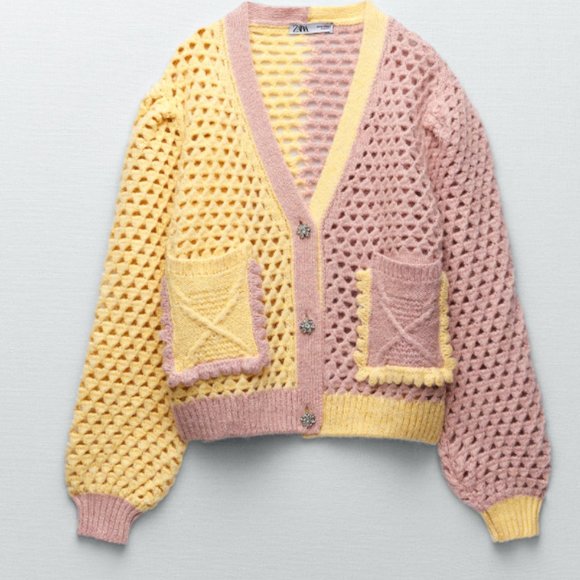Zara Sweaters | Zara Knit Cardigan with Gem Button Yellow Pink Size Medium Nwt | Color: Pink/White | Size: M | Avantbeauty's Closet